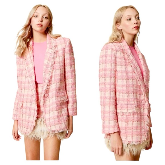TWINSET ACTITUDE Jacquard Check Boucle Tweed Lurex Fringe Boyfriend Fit Blazer - Picture 4 of 16